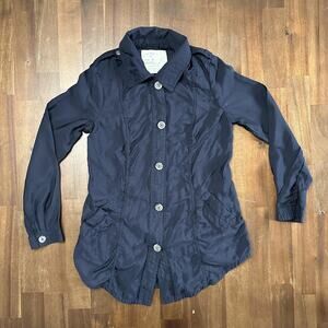Free People Jacket Womens 6 Navy Button Front Utility Lightweight Ruched Casual